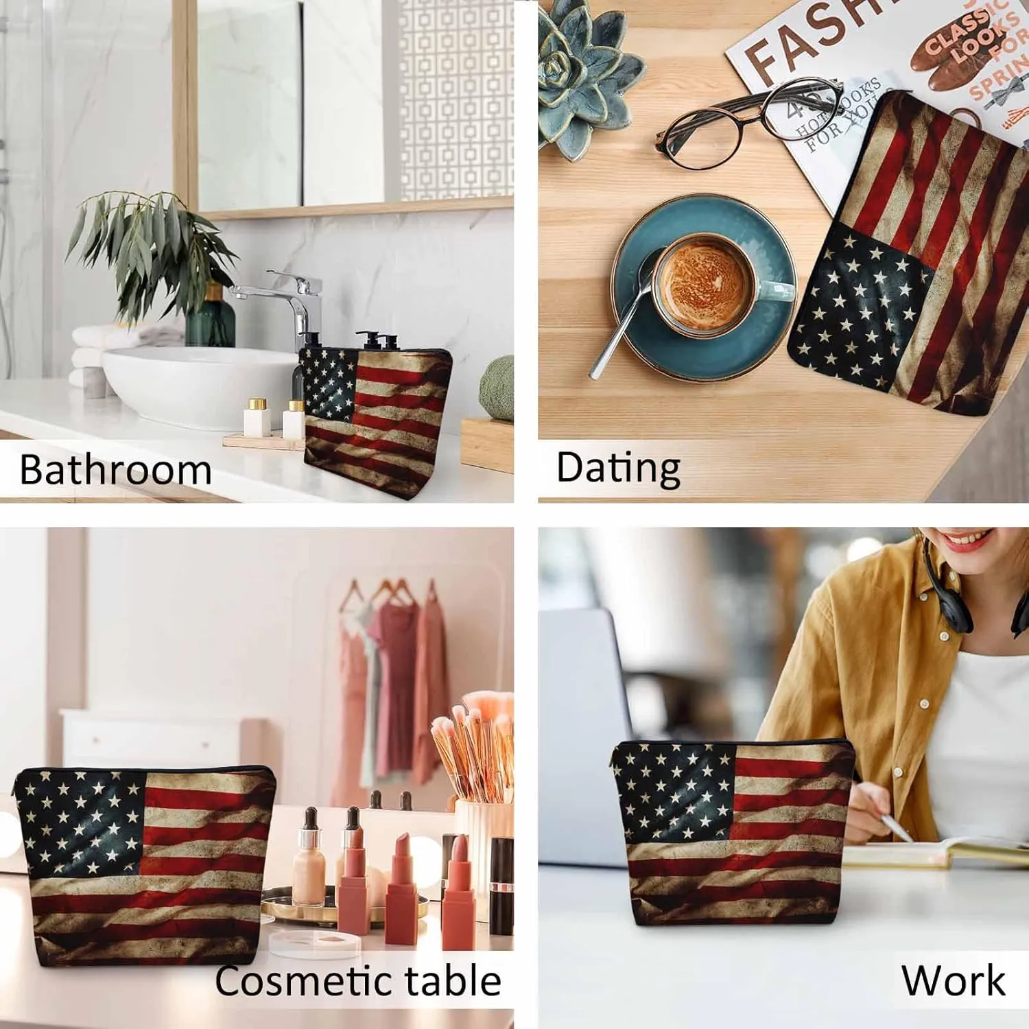Women Makeup Organizer Bag American Flag Grunge USA Flag United Stats Of America Flax Cosmetic Bag Makeup Bags Toiletry Bag Accessories Organizer Travel Bags For Home Bathroom Office