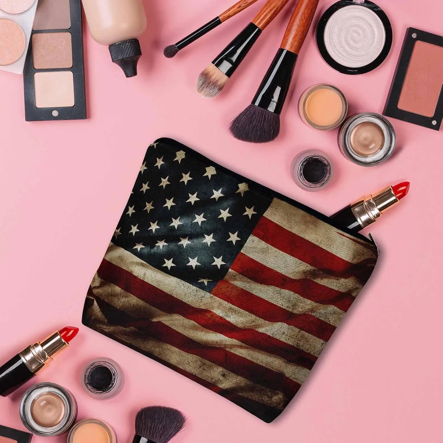 Women Makeup Organizer Bag American Flag Grunge USA Flag United Stats Of America Flax Cosmetic Bag Makeup Bags Toiletry Bag Accessories Organizer Travel Bags For Home Bathroom Office
