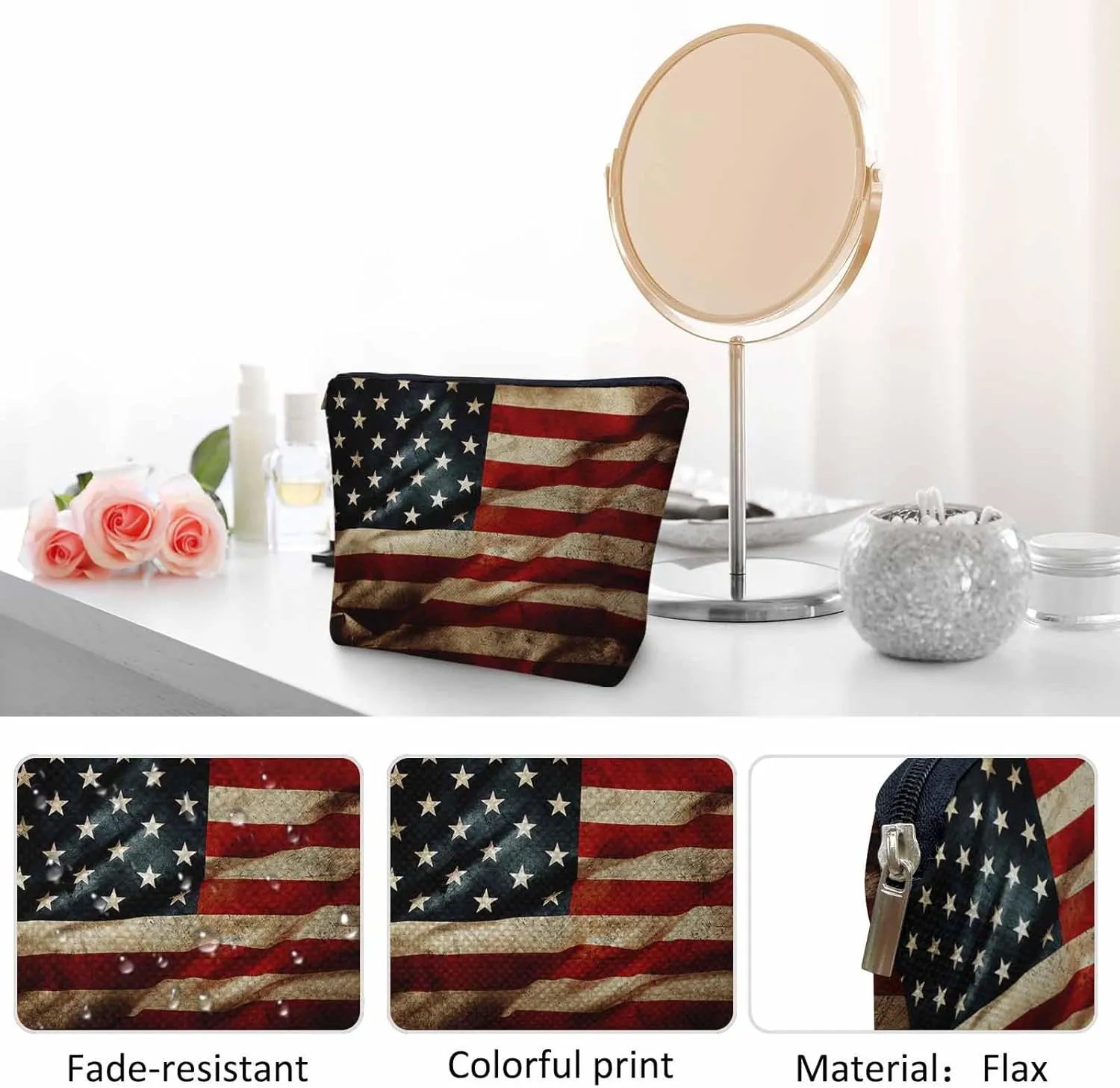 Women Makeup Organizer Bag American Flag Grunge USA Flag United Stats Of America Flax Cosmetic Bag Makeup Bags Toiletry Bag Accessories Organizer Travel Bags For Home Bathroom Office