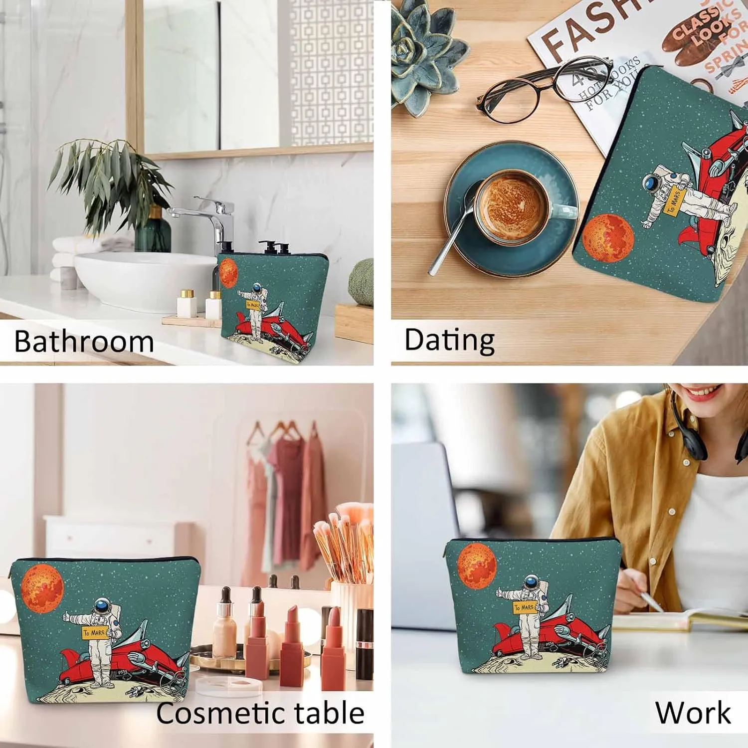 Women Makeup Organizer Bag Astronaut Cosmos Galaxy Space Astronaut Spaceship Flax Cosmetic Bag Makeup Bags Toiletry Bag Accessories Organizer Travel Bags For Home Bathroom Office Hotel Gym