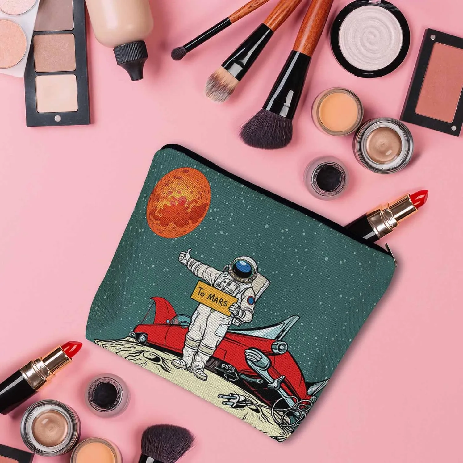 Women Makeup Organizer Bag Astronaut Cosmos Galaxy Space Astronaut Spaceship Flax Cosmetic Bag Makeup Bags Toiletry Bag Accessories Organizer Travel Bags For Home Bathroom Office Hotel Gym