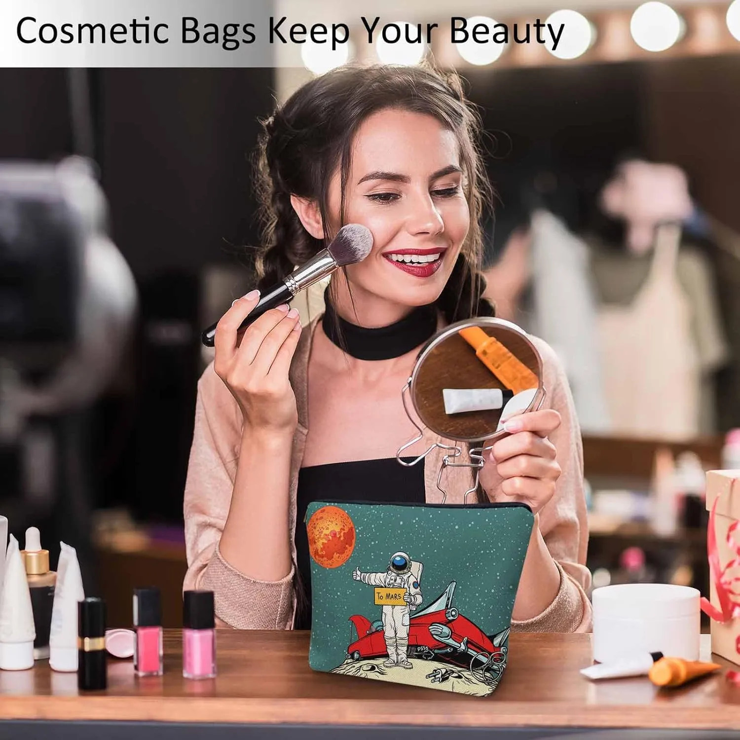 Women Makeup Organizer Bag Astronaut Cosmos Galaxy Space Astronaut Spaceship Flax Cosmetic Bag Makeup Bags Toiletry Bag Accessories Organizer Travel Bags For Home Bathroom Office Hotel Gym