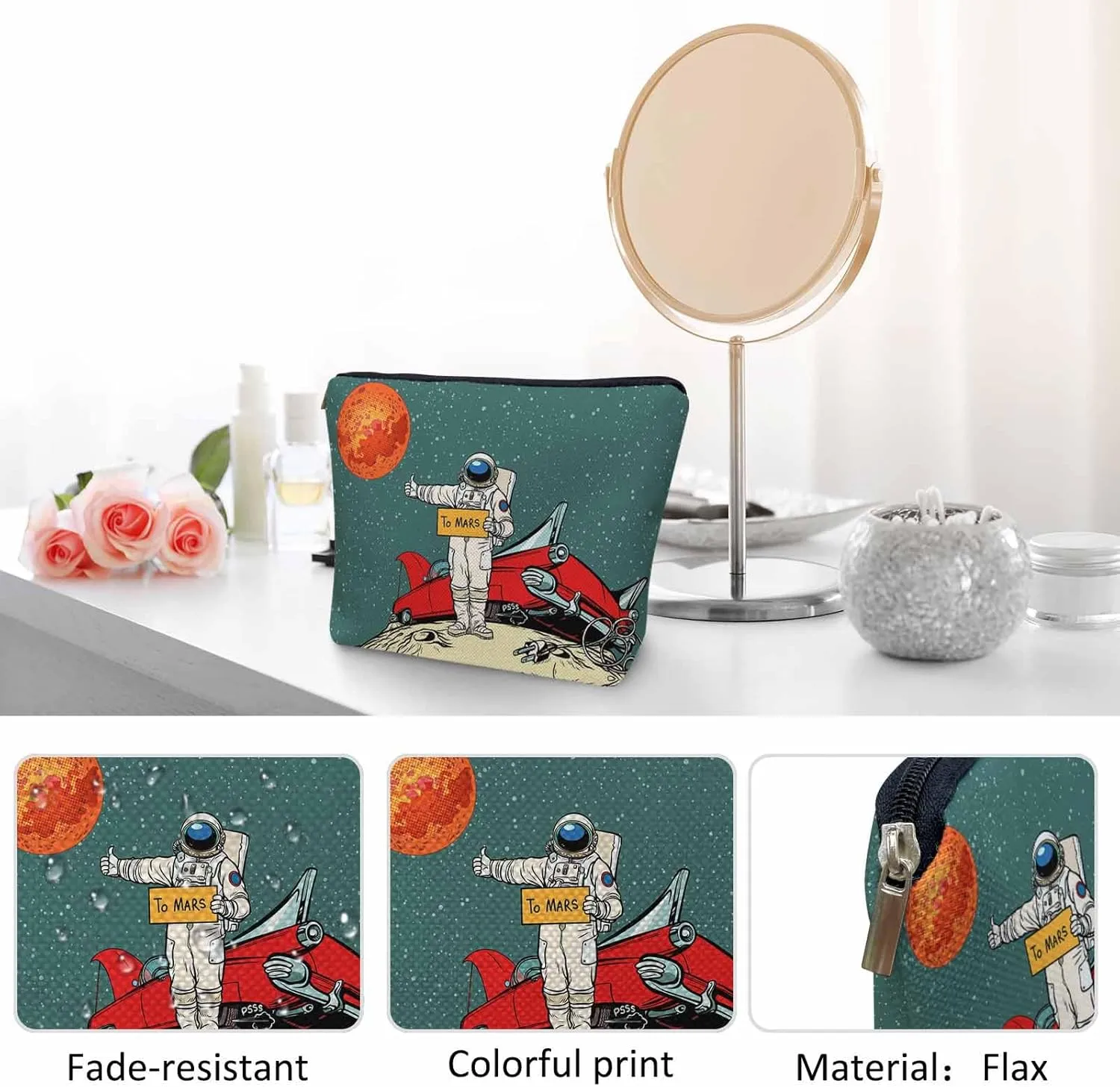 Women Makeup Organizer Bag Astronaut Cosmos Galaxy Space Astronaut Spaceship Flax Cosmetic Bag Makeup Bags Toiletry Bag Accessories Organizer Travel Bags For Home Bathroom Office Hotel Gym