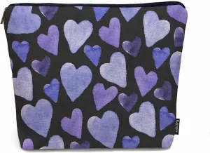 Women Makeup Organizer Bag Heart Watercolor Love Hearts Blue Purple Flax Cosmetic Bag Makeup Bags Toiletry Bag Accessories Organizer Travel Bags For Home Bathroom Office Hotel Gym