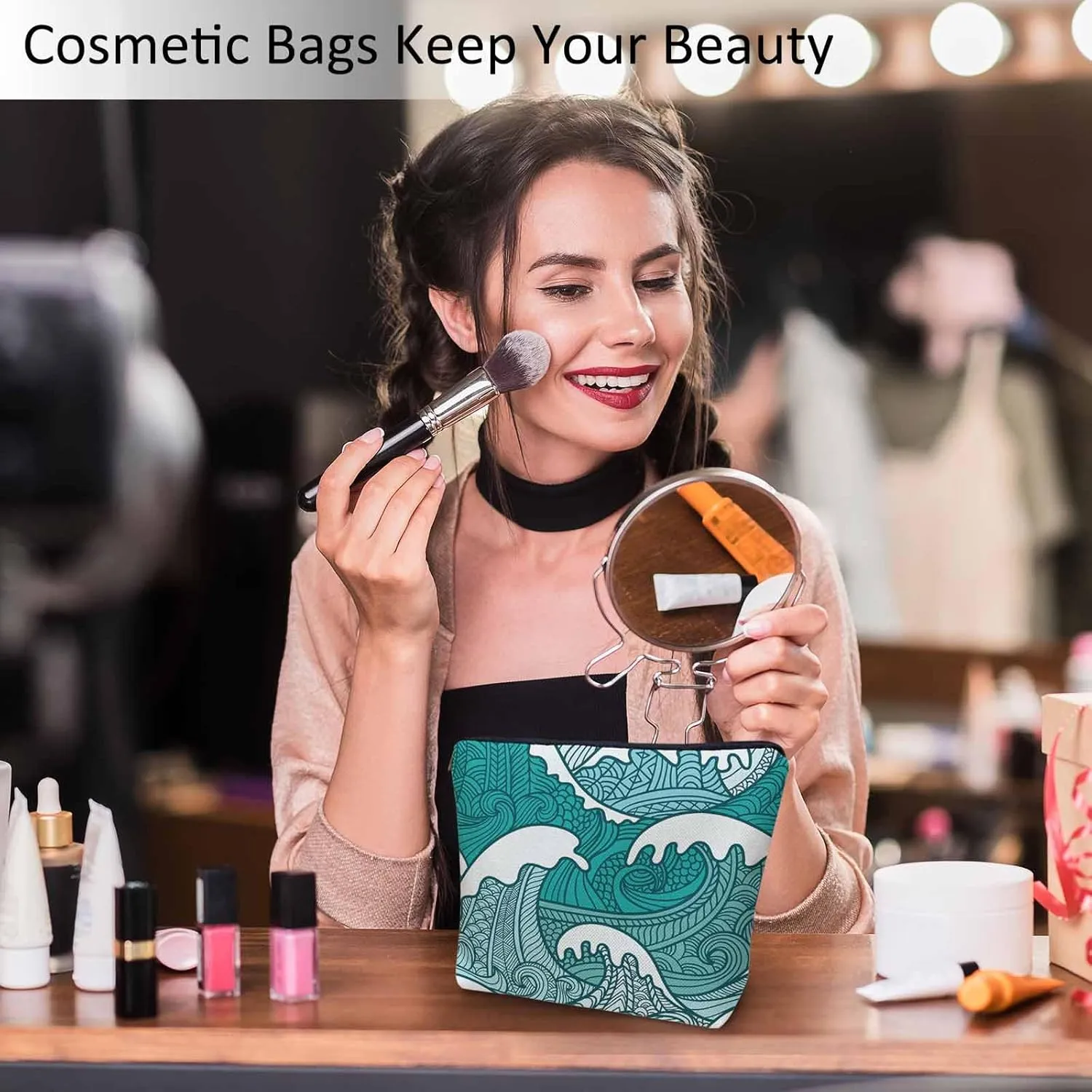Women Makeup Organizer Bag Ocean Waves, Japanese Great Wave Ocean Sea Waves Flax Cosmetic Bag Makeup Bags Toiletry Bag Accessories Organizer Travel Bags For Home Bathroom Office Hotel Gym