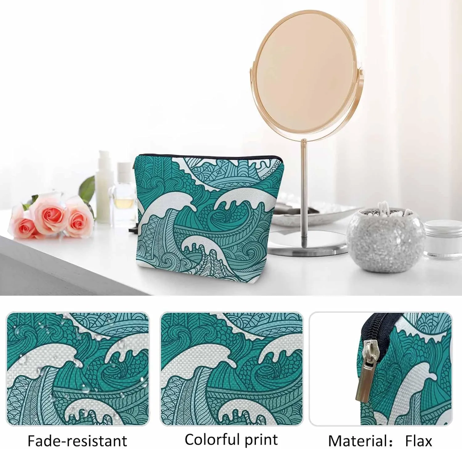 Women Makeup Organizer Bag Ocean Waves, Japanese Great Wave Ocean Sea Waves Flax Cosmetic Bag Makeup Bags Toiletry Bag Accessories Organizer Travel Bags For Home Bathroom Office Hotel Gym