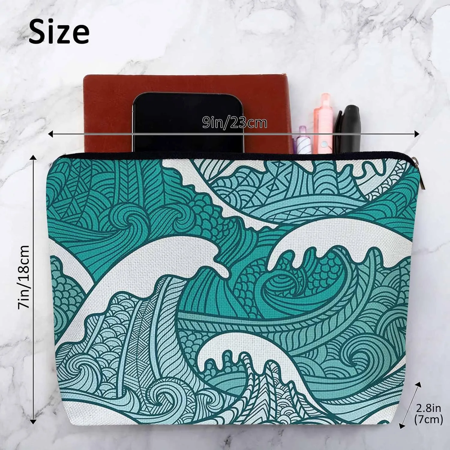 Women Makeup Organizer Bag Ocean Waves, Japanese Great Wave Ocean Sea Waves Flax Cosmetic Bag Makeup Bags Toiletry Bag Accessories Organizer Travel Bags For Home Bathroom Office Hotel Gym