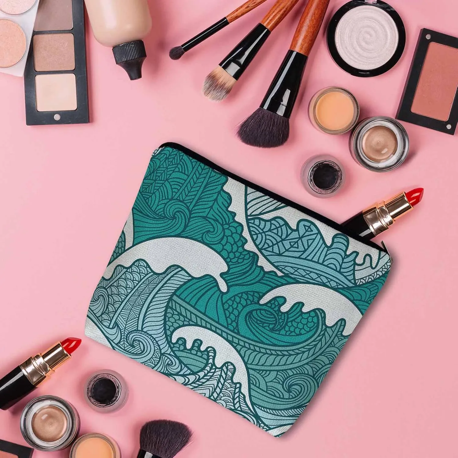 Women Makeup Organizer Bag Ocean Waves, Japanese Great Wave Ocean Sea Waves Flax Cosmetic Bag Makeup Bags Toiletry Bag Accessories Organizer Travel Bags For Home Bathroom Office Hotel Gym