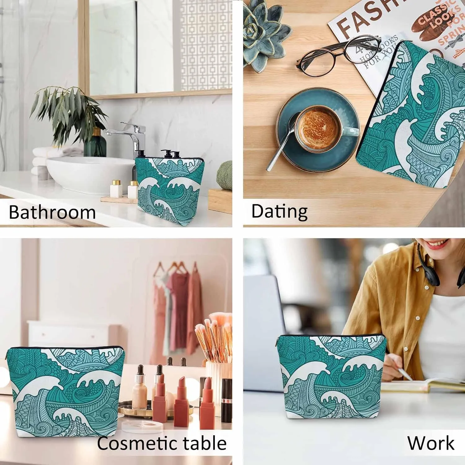 Women Makeup Organizer Bag Ocean Waves, Japanese Great Wave Ocean Sea Waves Flax Cosmetic Bag Makeup Bags Toiletry Bag Accessories Organizer Travel Bags For Home Bathroom Office Hotel Gym