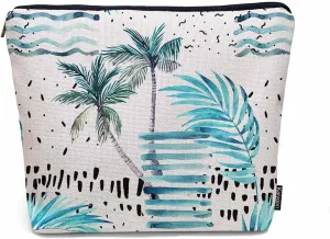 Women Makeup Organizer Bag Palm Tree, Tropical Ocean Beach Palm Leaves Flax Cosmetic Bag Makeup Bags Toiletry Bag Accessories Organizer Travel Bags For Home Bathroom Office Hotel Gym, Blue