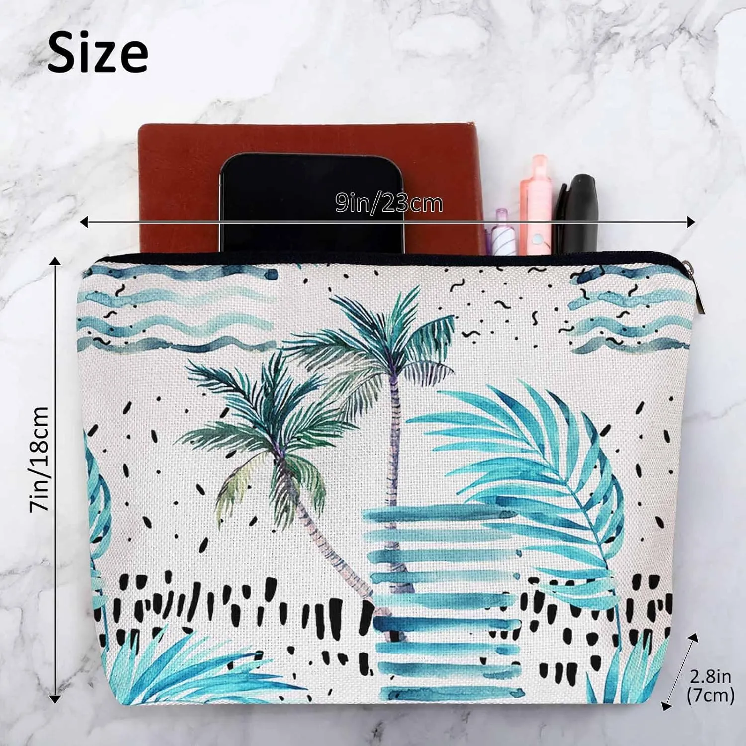Women Makeup Organizer Bag Palm Tree, Tropical Ocean Beach Palm Leaves Flax Cosmetic Bag Makeup Bags Toiletry Bag Accessories Organizer Travel Bags For Home Bathroom Office Hotel Gym, Blue