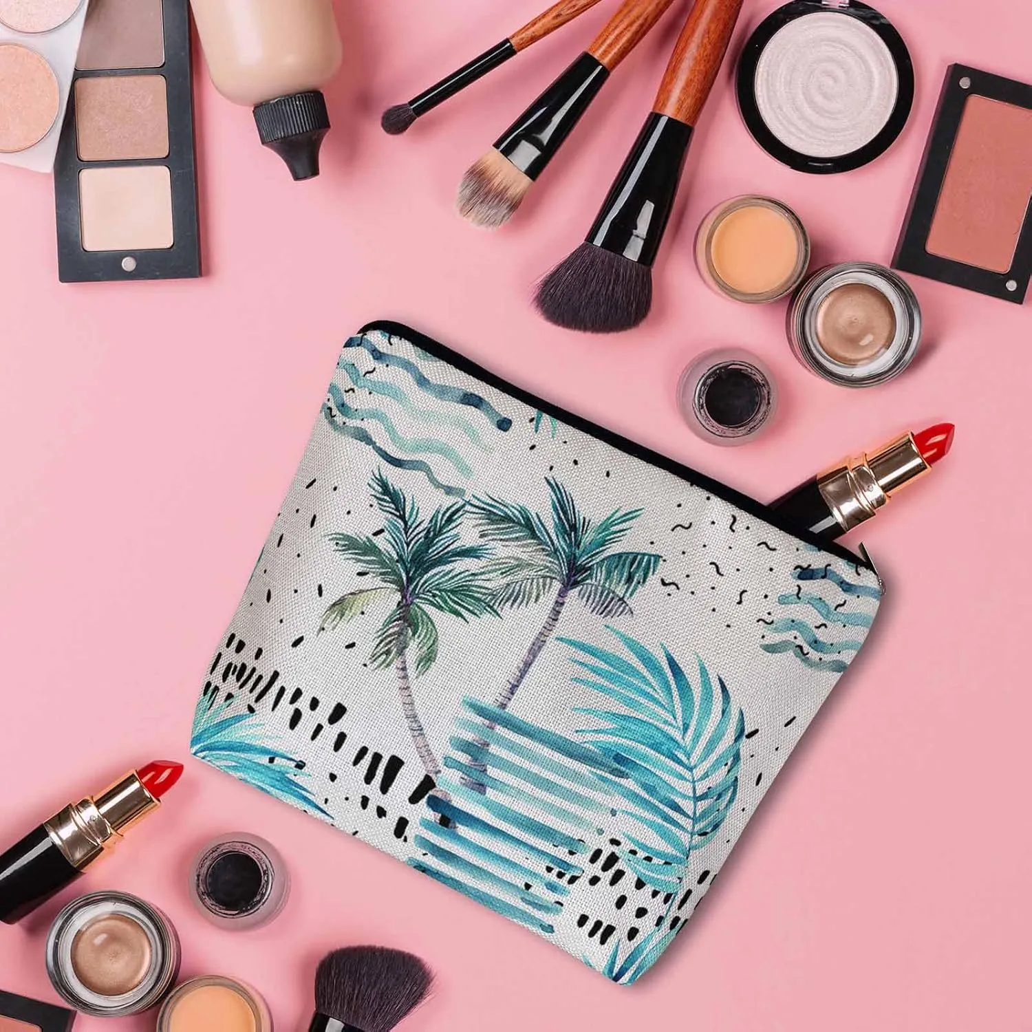Women Makeup Organizer Bag Palm Tree, Tropical Ocean Beach Palm Leaves Flax Cosmetic Bag Makeup Bags Toiletry Bag Accessories Organizer Travel Bags For Home Bathroom Office Hotel Gym, Blue