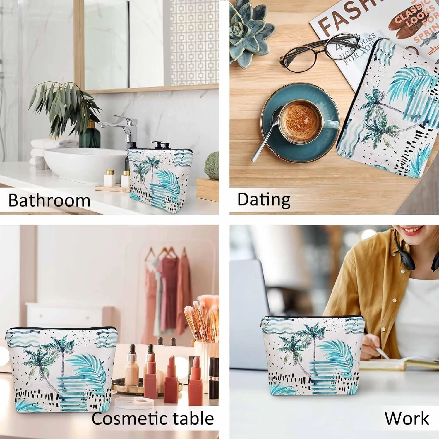 Women Makeup Organizer Bag Palm Tree, Tropical Ocean Beach Palm Leaves Flax Cosmetic Bag Makeup Bags Toiletry Bag Accessories Organizer Travel Bags For Home Bathroom Office Hotel Gym, Blue