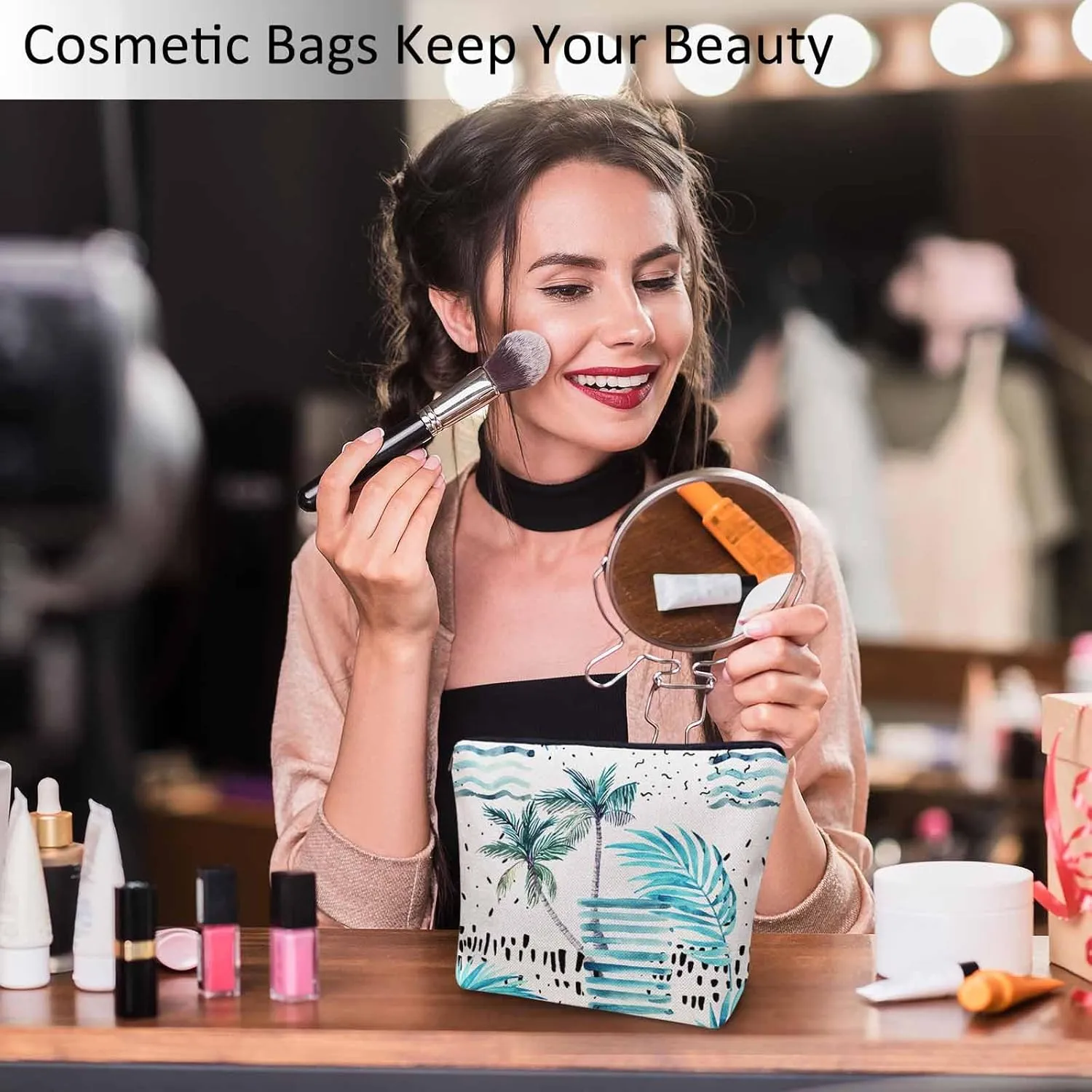 Women Makeup Organizer Bag Palm Tree, Tropical Ocean Beach Palm Leaves Flax Cosmetic Bag Makeup Bags Toiletry Bag Accessories Organizer Travel Bags For Home Bathroom Office Hotel Gym, Blue