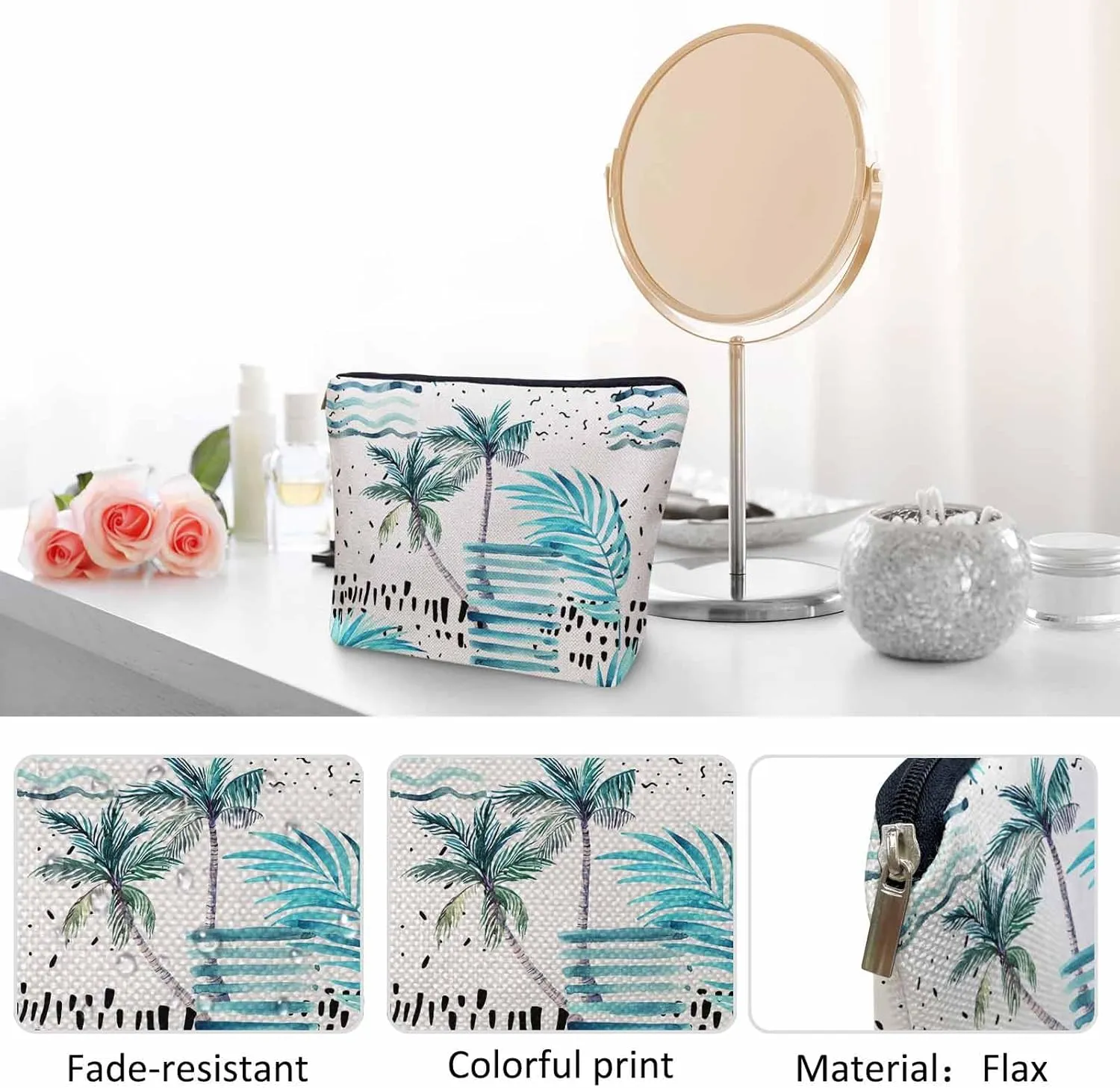 Women Makeup Organizer Bag Palm Tree, Tropical Ocean Beach Palm Leaves Flax Cosmetic Bag Makeup Bags Toiletry Bag Accessories Organizer Travel Bags For Home Bathroom Office Hotel Gym, Blue