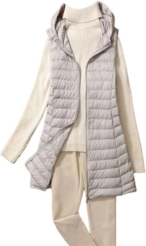 Women Midi Long Lightweightthin Down Vest Women Winter Long Hooded Jackets Slim Waistcoat Casual Basic