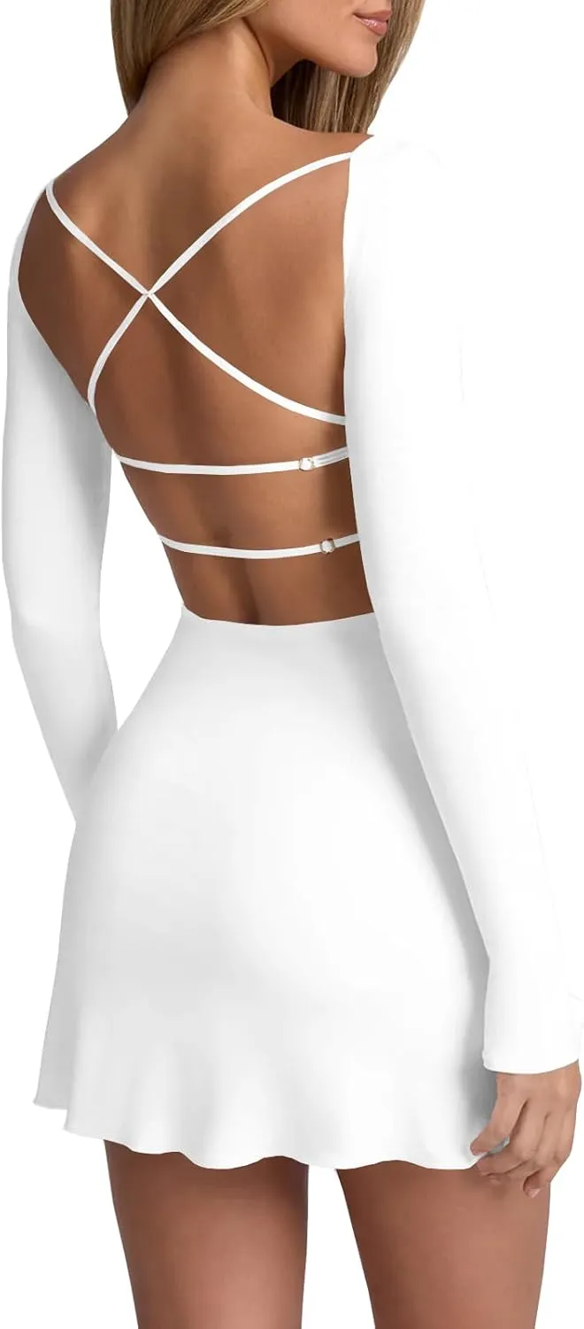 Women Open Back A-line Deep V-Neck Long Sleeve Bodycon Mini Dress Slim Fit Stretchy Cocktail Dresses