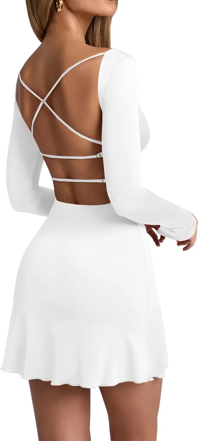 Women Open Back A-line Deep V-Neck Long Sleeve Bodycon Mini Dress Slim Fit Stretchy Cocktail Dresses
