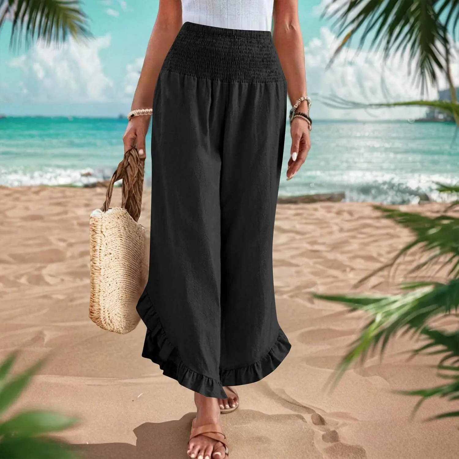 Women Palazzo Pants Summer Boho Flowy Wide Leg Smocked Waist Ruffle Hem Beach Gauze Trousers Pant Vacation Outfits