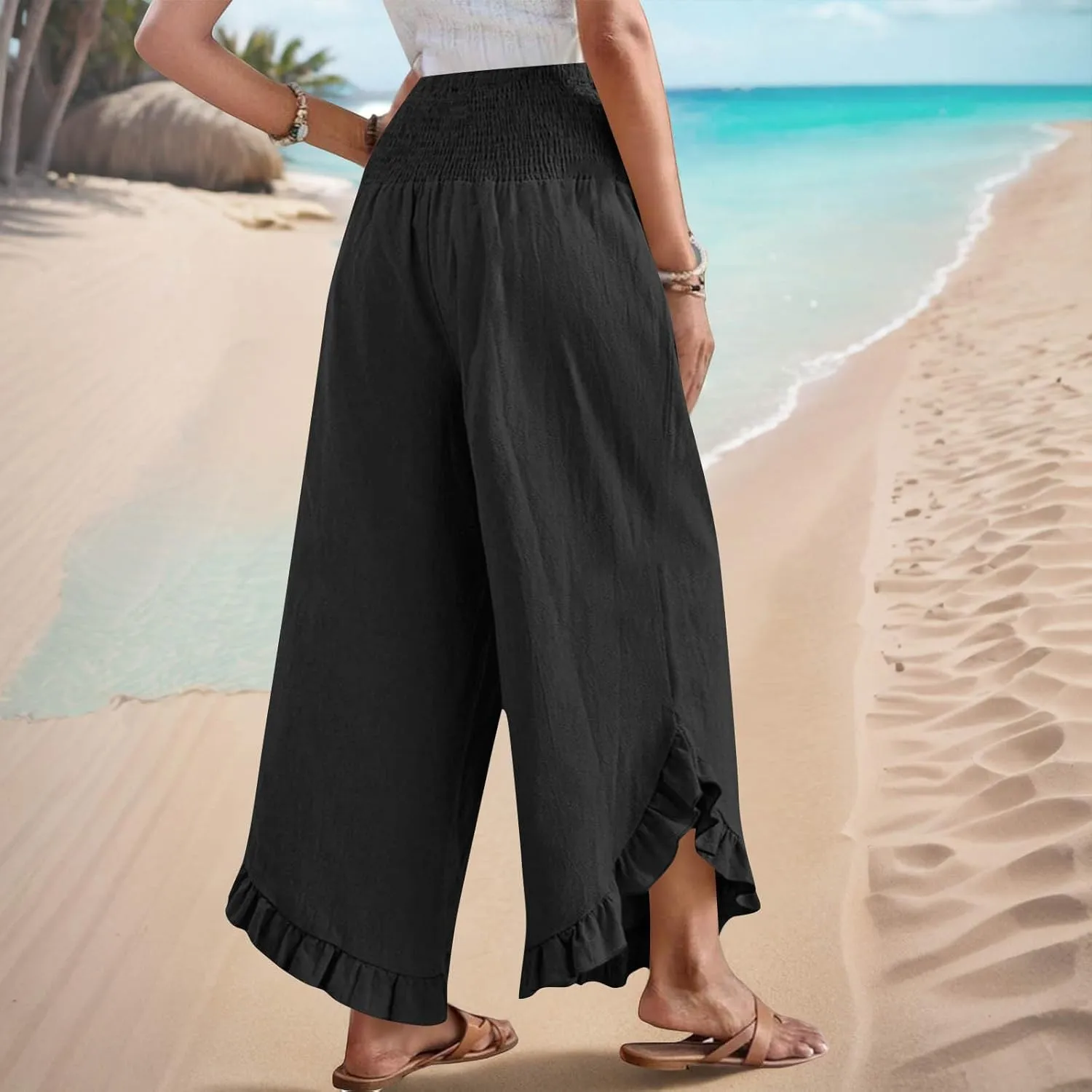 Women Palazzo Pants Summer Boho Flowy Wide Leg Smocked Waist Ruffle Hem Beach Gauze Trousers Pant Vacation Outfits
