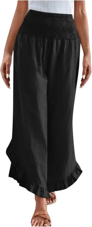 Women Palazzo Pants Summer Boho Flowy Wide Leg Smocked Waist Ruffle Hem Beach Gauze Trousers Pant Vacation Outfits