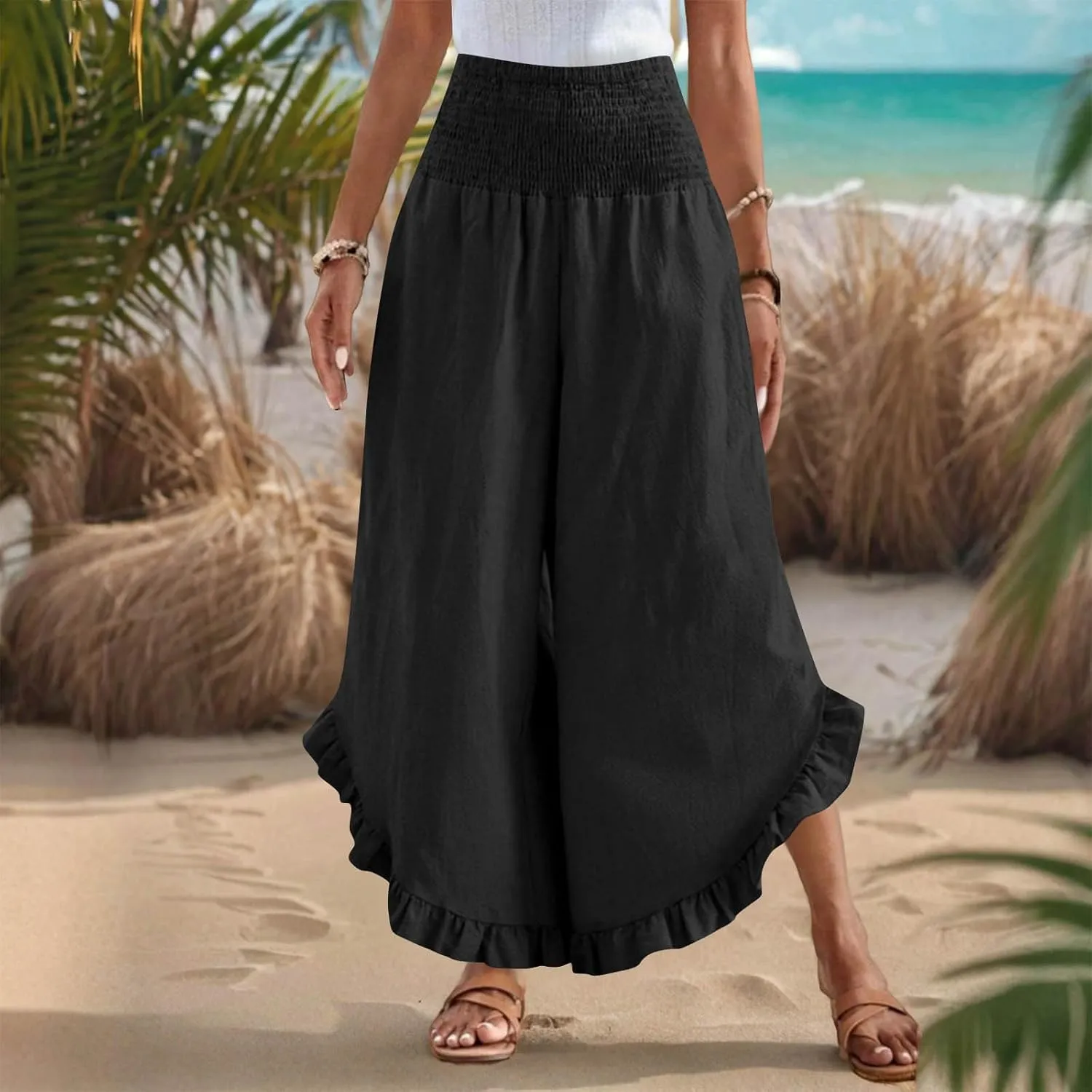 Women Palazzo Pants Summer Boho Flowy Wide Leg Smocked Waist Ruffle Hem Beach Gauze Trousers Pant Vacation Outfits