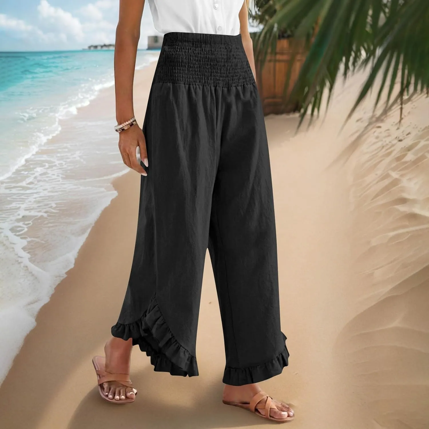 Women Palazzo Pants Summer Boho Flowy Wide Leg Smocked Waist Ruffle Hem Beach Gauze Trousers Pant Vacation Outfits