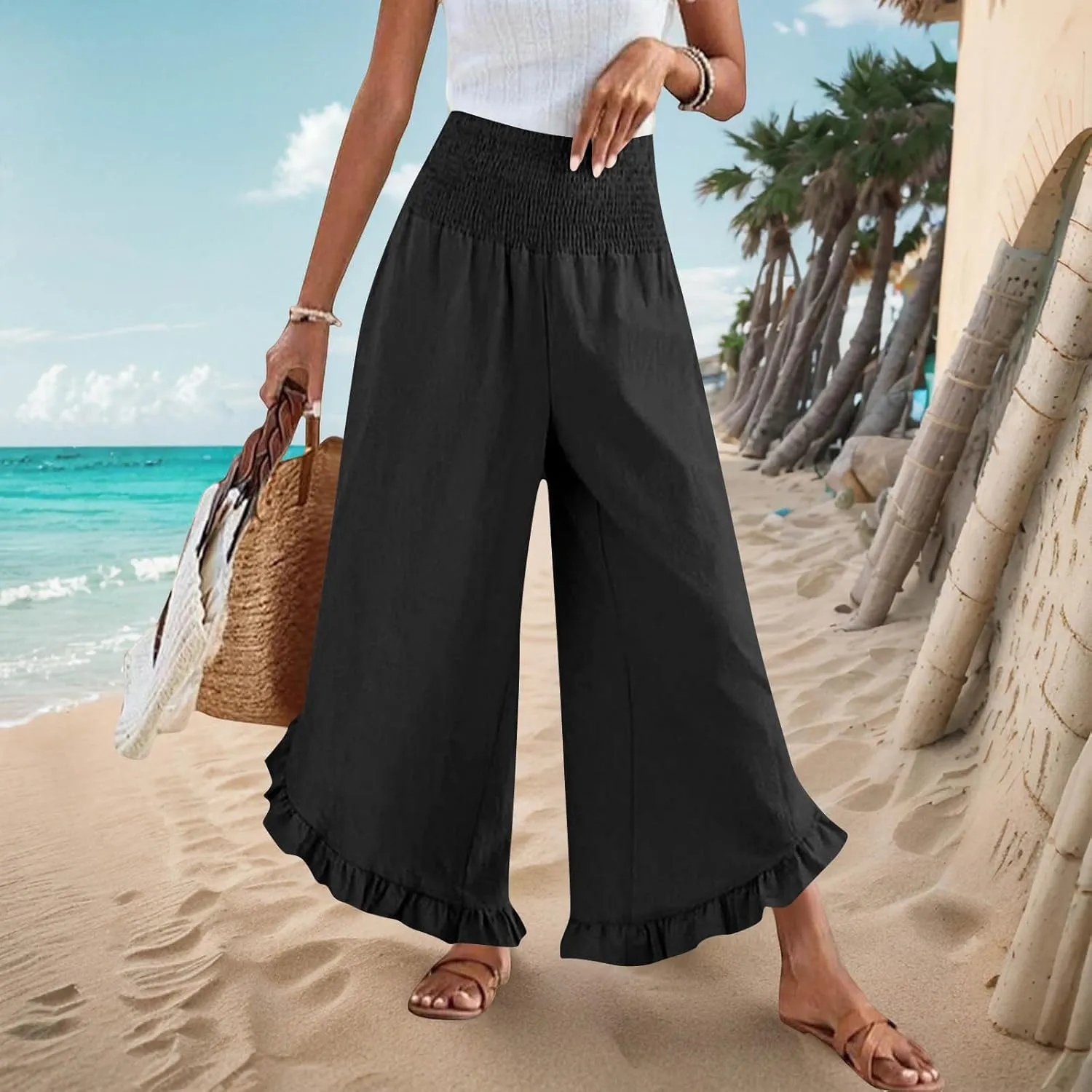 Women Palazzo Pants Summer Boho Flowy Wide Leg Smocked Waist Ruffle Hem Beach Gauze Trousers Pant Vacation Outfits