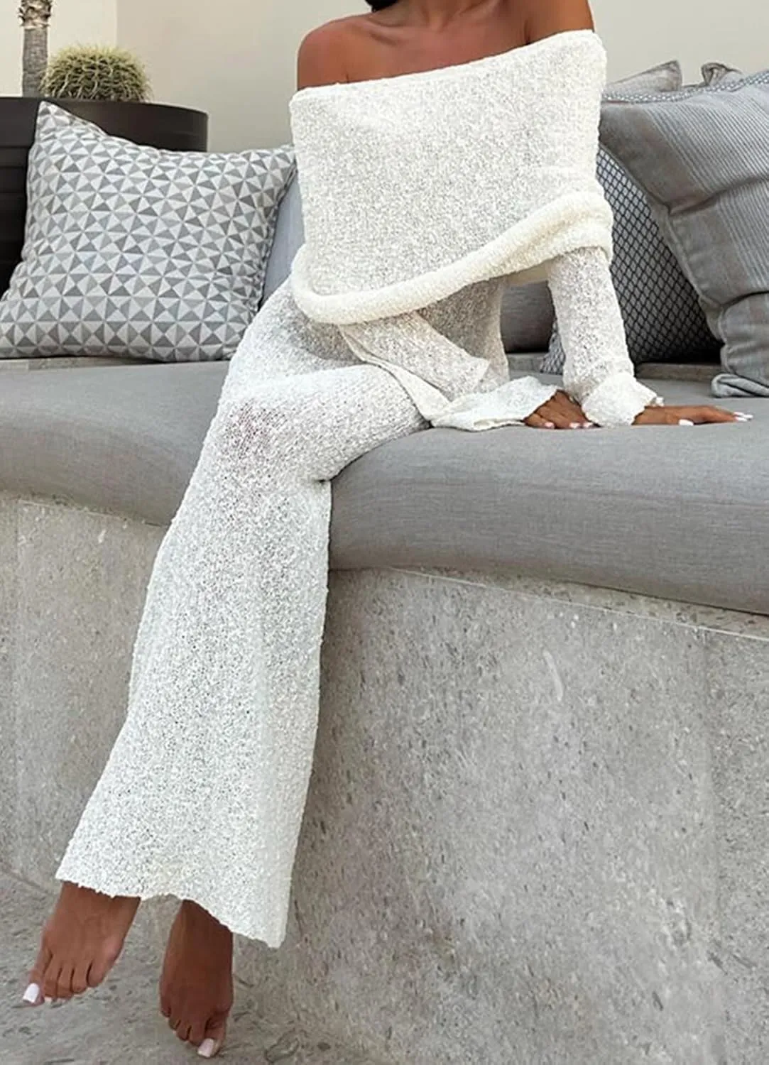 Women Sexy Off Shoulder Maxi Dress Long Sleeve Knit Crochet Bodycon Ruched Mesh Beach Vacation Party Sweater Dresses