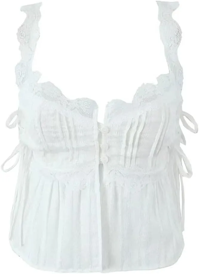 Women Spliced Lace Camisole Holiday Top Chic Cotton Tank Tops