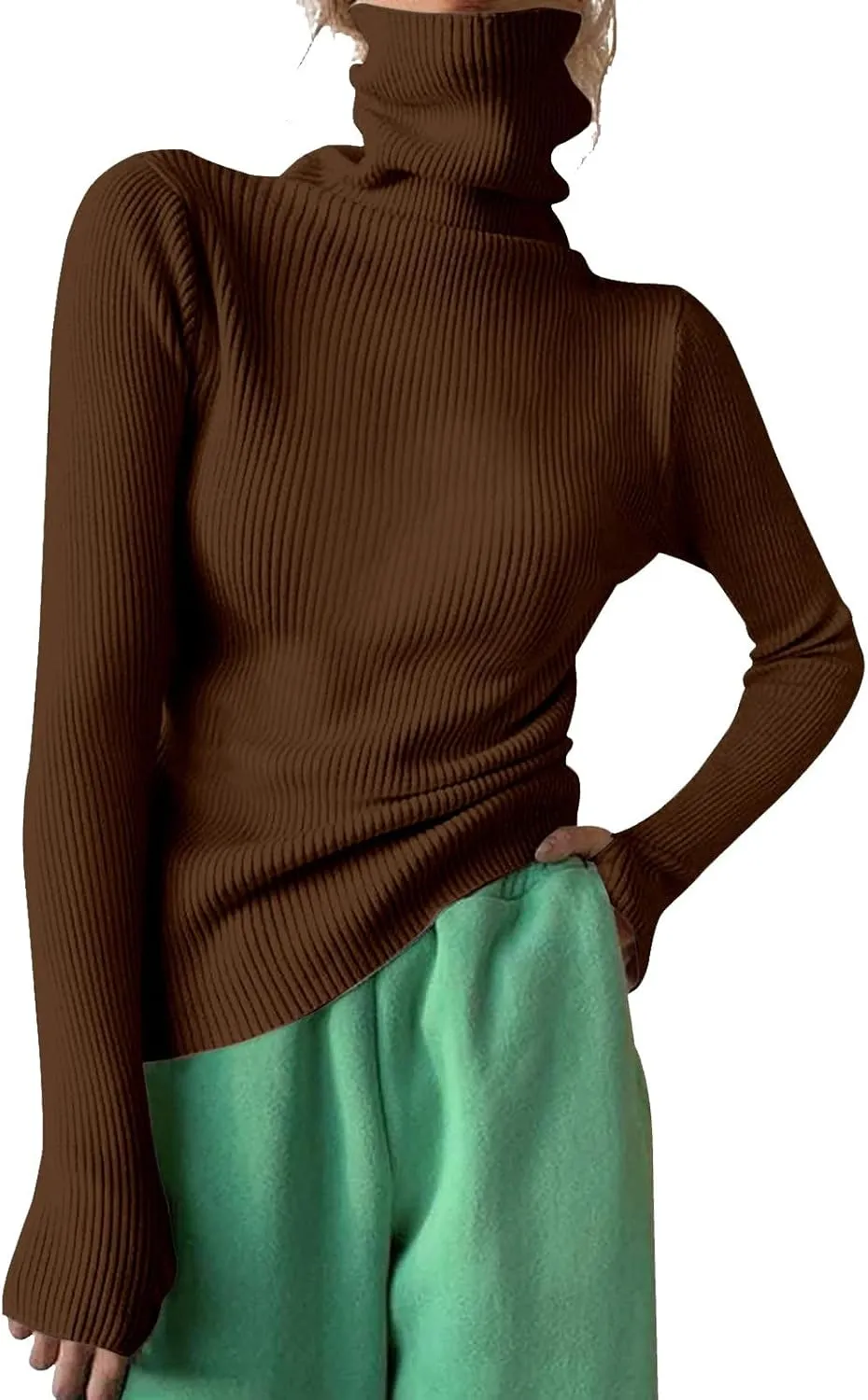Women Turtleneck Sweaters Oversized Loose Fit Thumb Holes Sweater Trendy Warm Long Sleeve Ribbed Knit Pullover Jumper