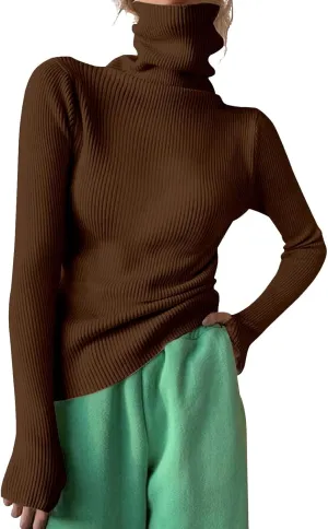 Women Turtleneck Sweaters Oversized Loose Fit Thumb Holes Sweater Trendy Warm Long Sleeve Ribbed Knit Pullover Jumper