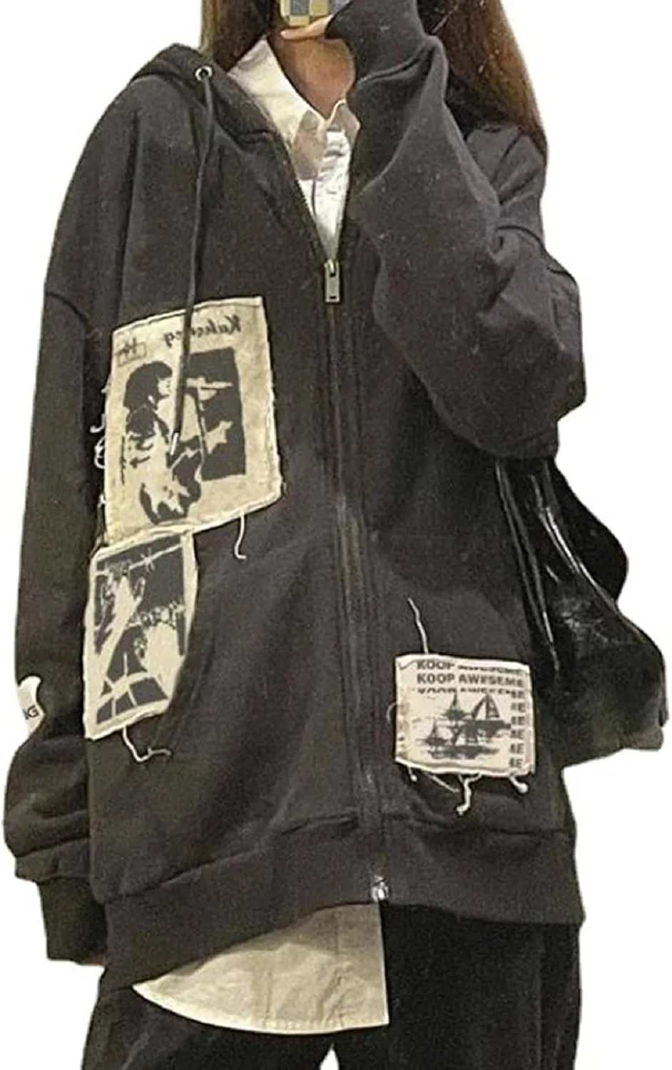 Women Y2K Zip Up Hoodies Graphic Printed Oversized Sweatshirts Vintage Long Sleeve Harajuku Jackets Streetwear