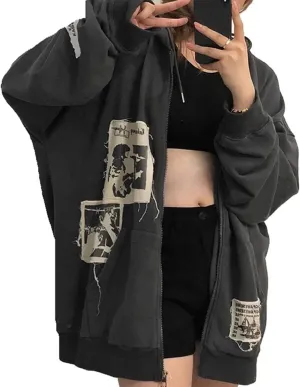 Women Y2K Zip Up Hoodies Graphic Printed Oversized Sweatshirts Vintage Long Sleeve Harajuku Jackets Streetwear