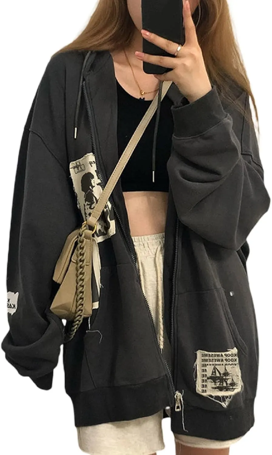 Women Y2K Zip Up Hoodies Graphic Printed Oversized Sweatshirts Vintage Long Sleeve Harajuku Jackets Streetwear