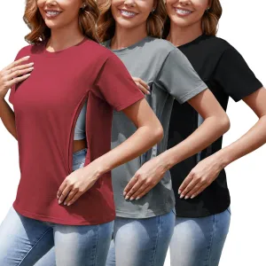 Women's 3-Pack Nursing Tops for Breastfeeding with Hidden Zippers Loose Fit Maternity Shirts