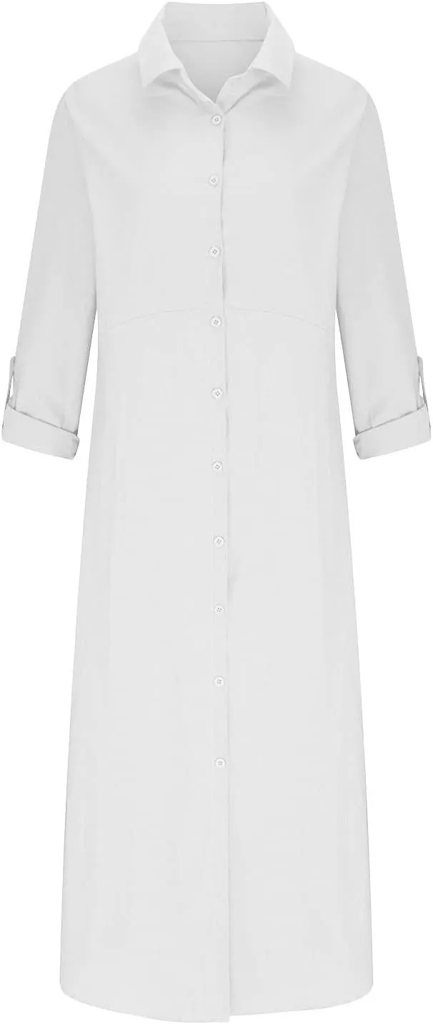 Women's 3/4 Sleeve Button Linen Dress Loose Long Shirts Lightweight Beach Sundress 2025 Summer Casual Dresses