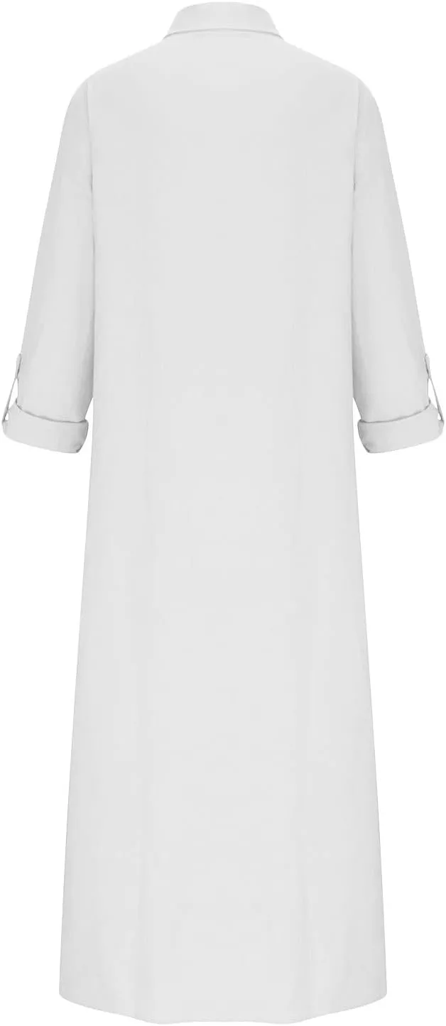 Women's 3/4 Sleeve Button Linen Dress Loose Long Shirts Lightweight Beach Sundress 2025 Summer Casual Dresses