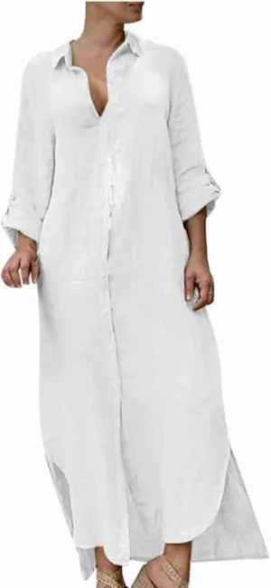 Women's 3/4 Sleeve Button Linen Dress Loose Long Shirts Lightweight Beach Sundress 2025 Summer Casual Dresses