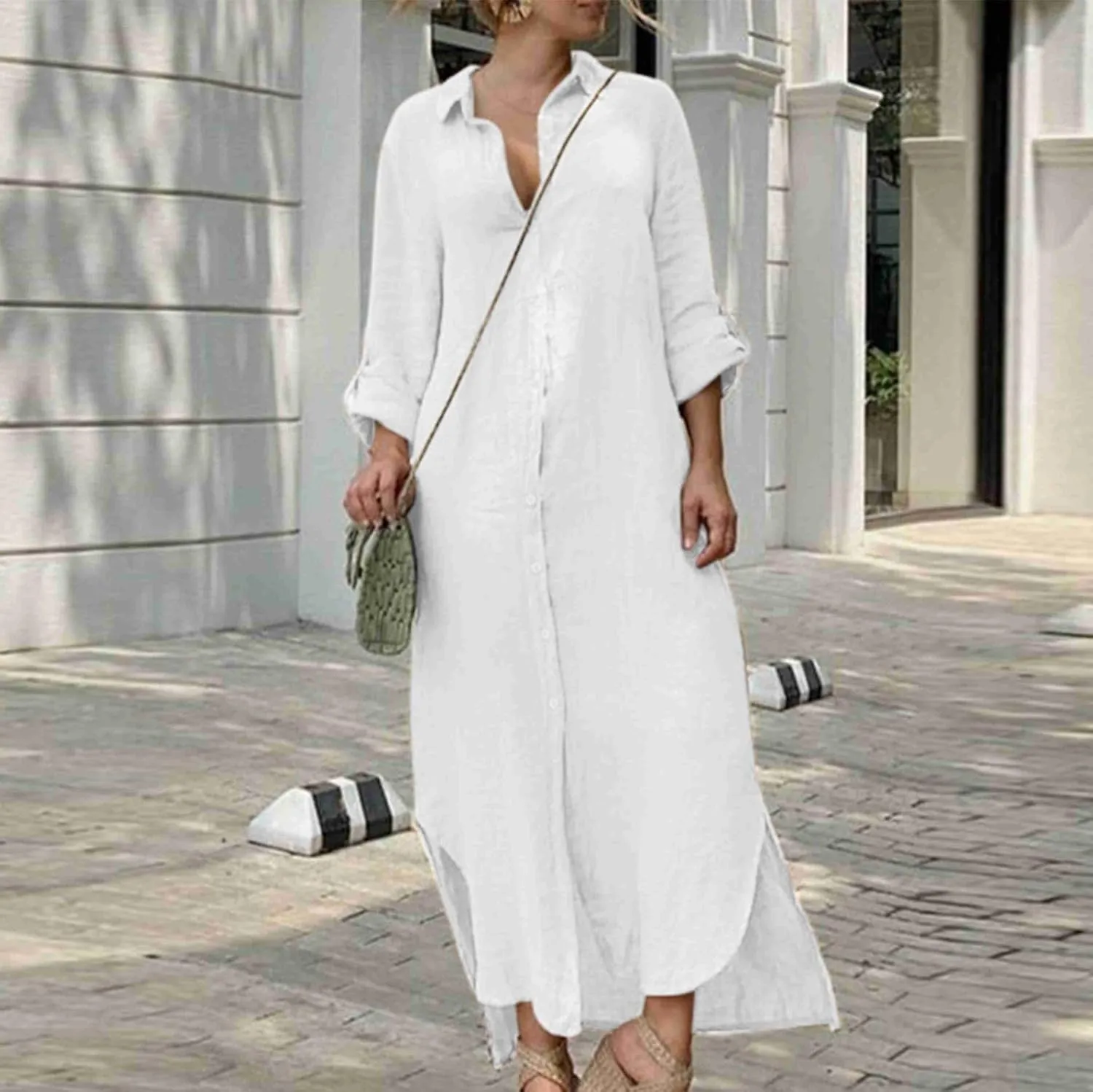 Women's 3/4 Sleeve Button Linen Dress Loose Long Shirts Lightweight Beach Sundress 2025 Summer Casual Dresses