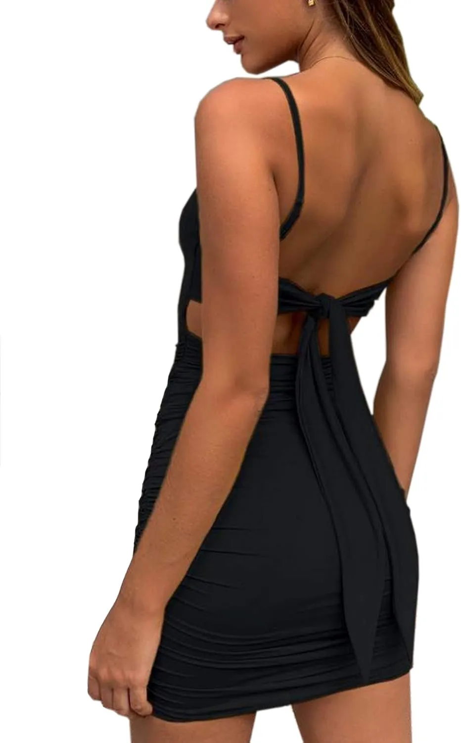 Women's Adjustable Straps Ruched Mini Bodycon Dress with Tie Up on Back