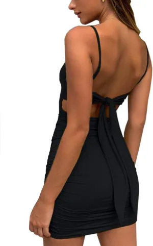 Women's Adjustable Straps Ruched Mini Bodycon Dress with Tie Up on Back