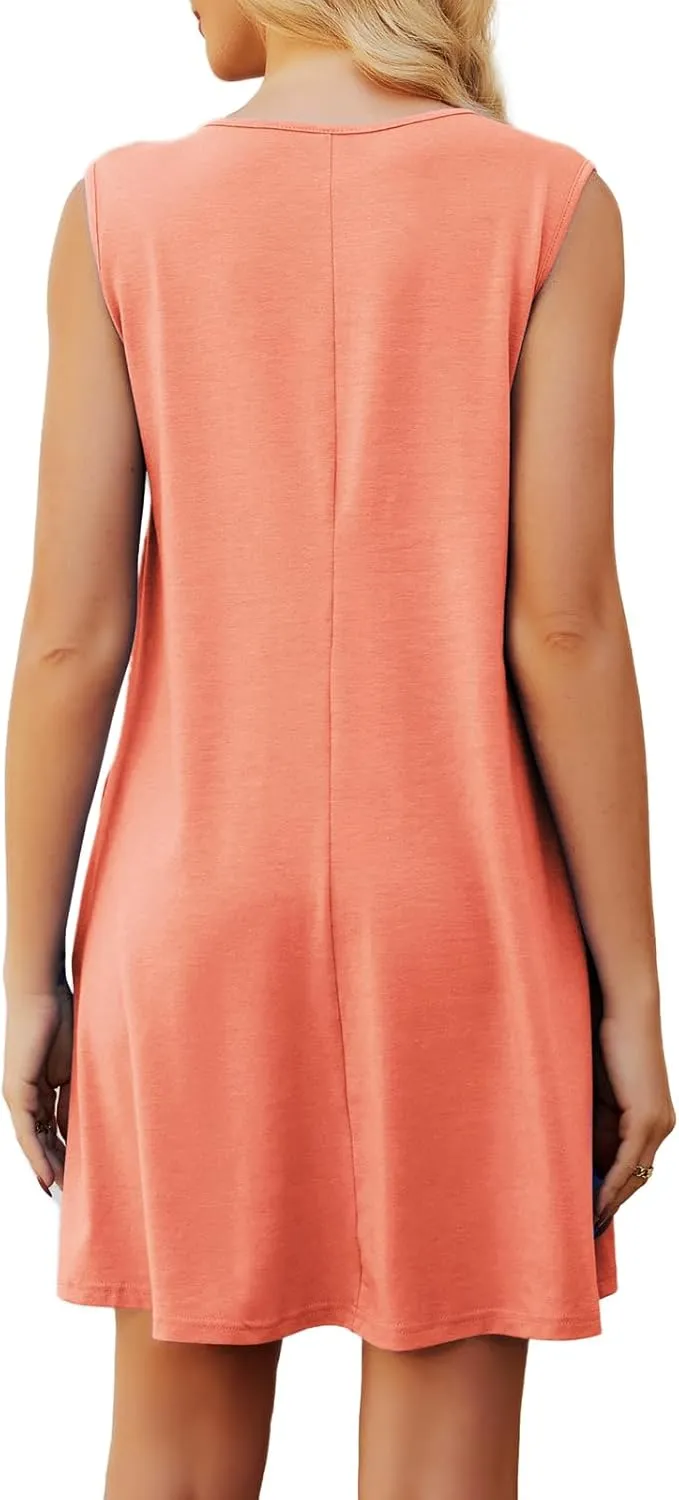 Womens Casual Summer Dresses V Neck Sleeveless Tank Dress with Pockets Pleated Flowy Mini Sundress 2025