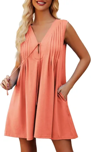 Womens Casual Summer Dresses V Neck Sleeveless Tank Dress with Pockets Pleated Flowy Mini Sundress 2025
