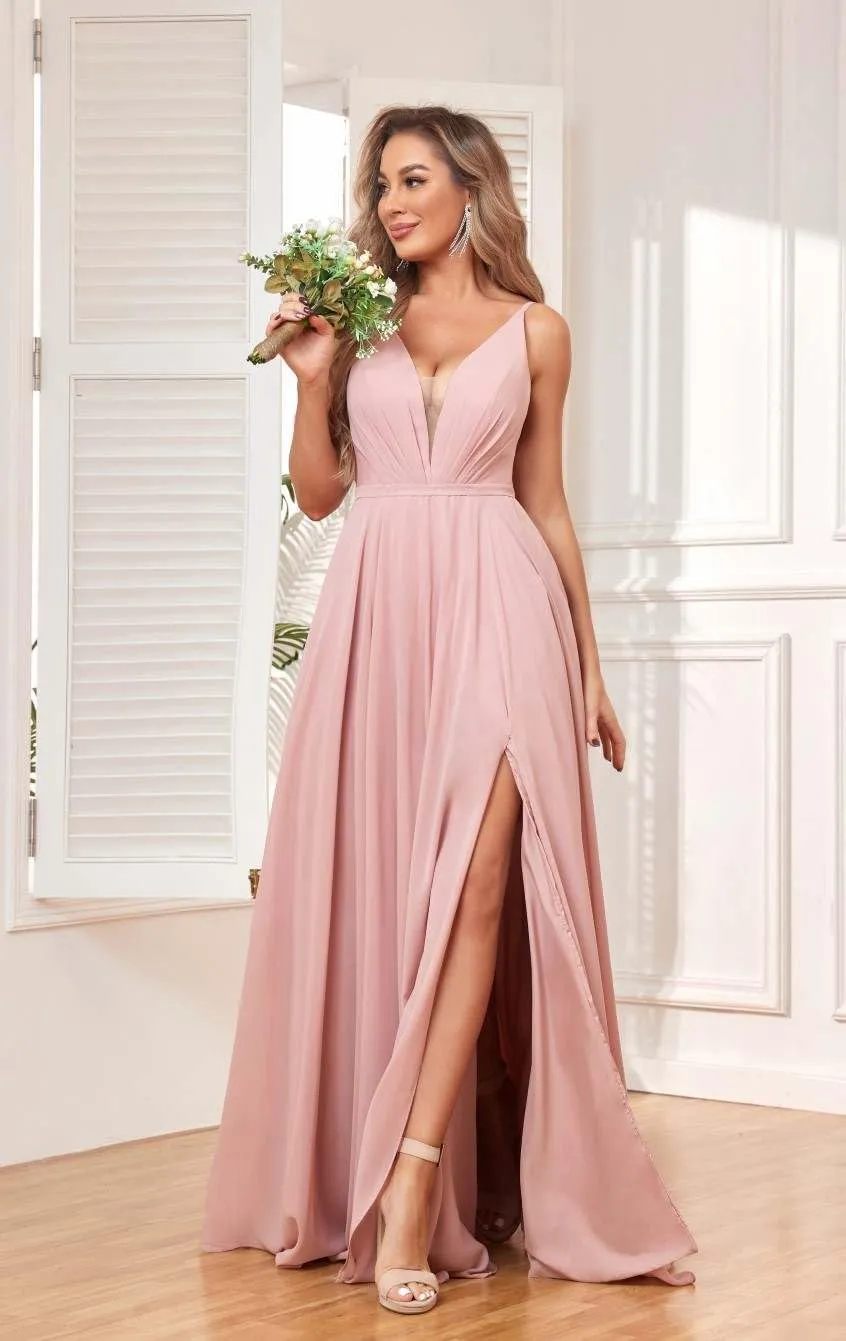 Women's Chiffon V Neck Bridesmaid Dresses Long with Slit Pleated Empire Waist Formal Dress with Pockets