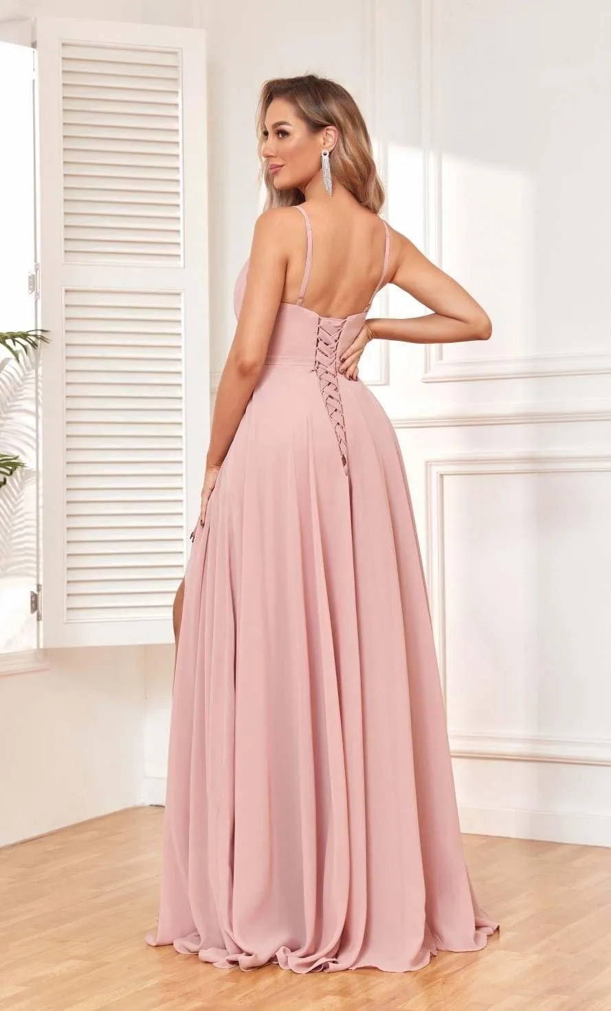 Women's Chiffon V Neck Bridesmaid Dresses Long with Slit Pleated Empire Waist Formal Dress with Pockets