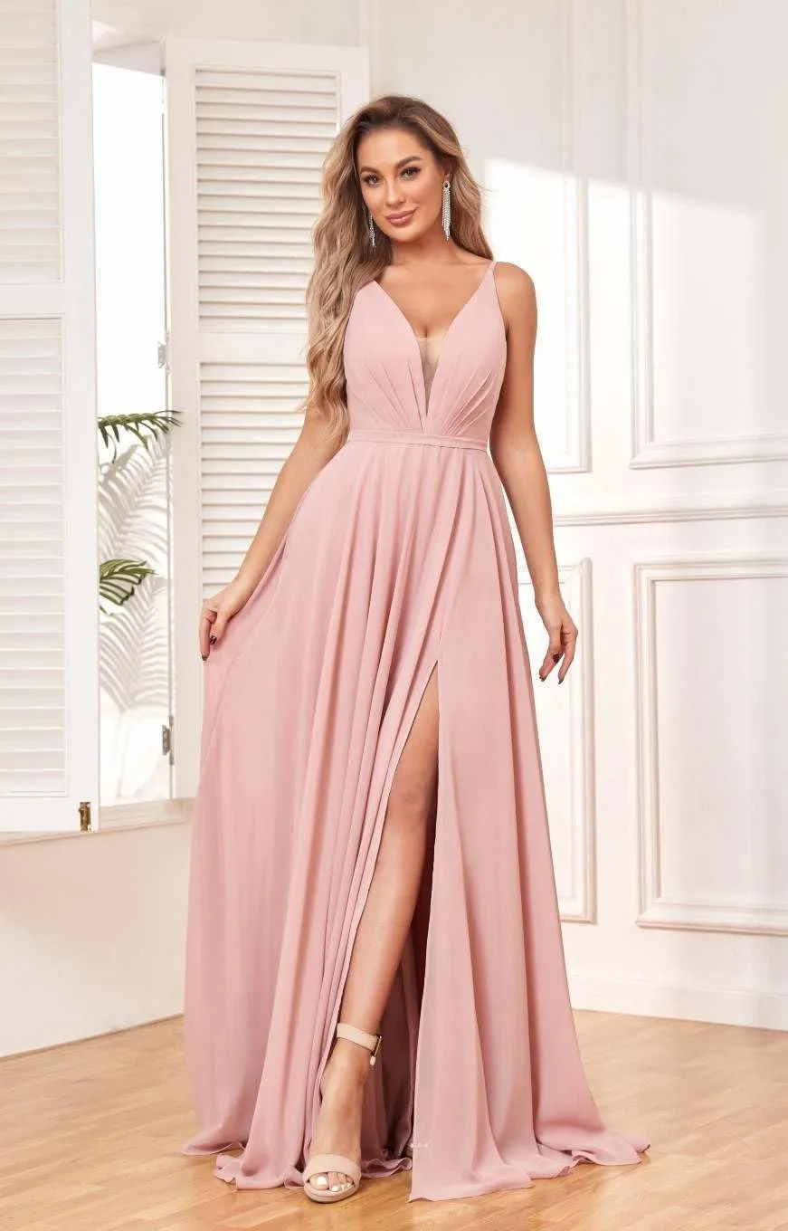 Women's Chiffon V Neck Bridesmaid Dresses Long with Slit Pleated Empire Waist Formal Dress with Pockets