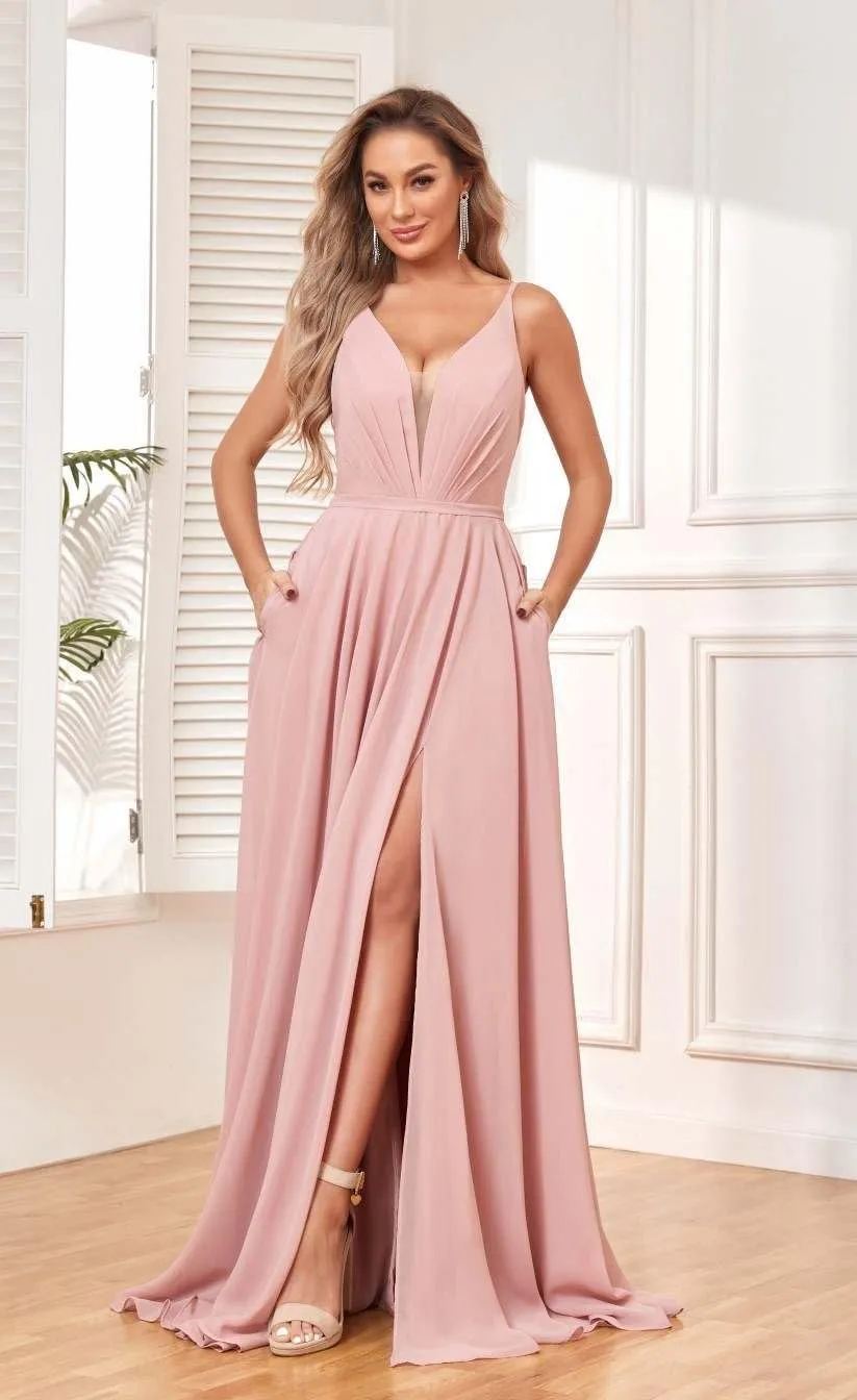 Women's Chiffon V Neck Bridesmaid Dresses Long with Slit Pleated Empire Waist Formal Dress with Pockets