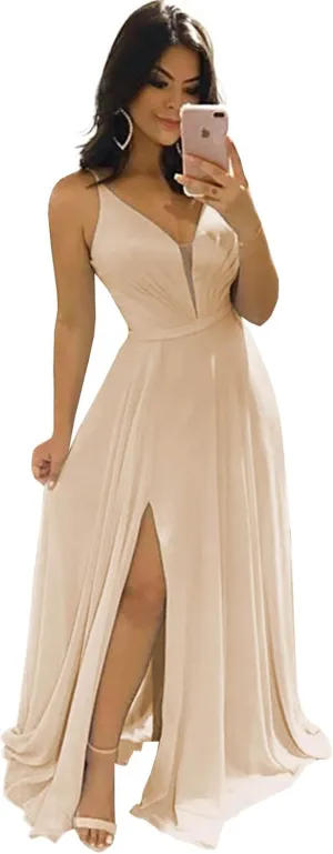 Women's Chiffon V Neck Bridesmaid Dresses Long with Slit Pleated Empire Waist Formal Dress with Pockets