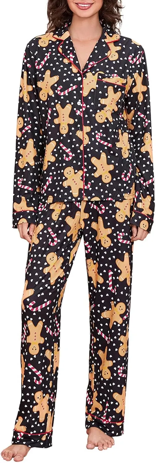 Womens Christmas Print Pajamas Set Long Sleeve Turn-down Collar Tops and Pants Loungewear Set